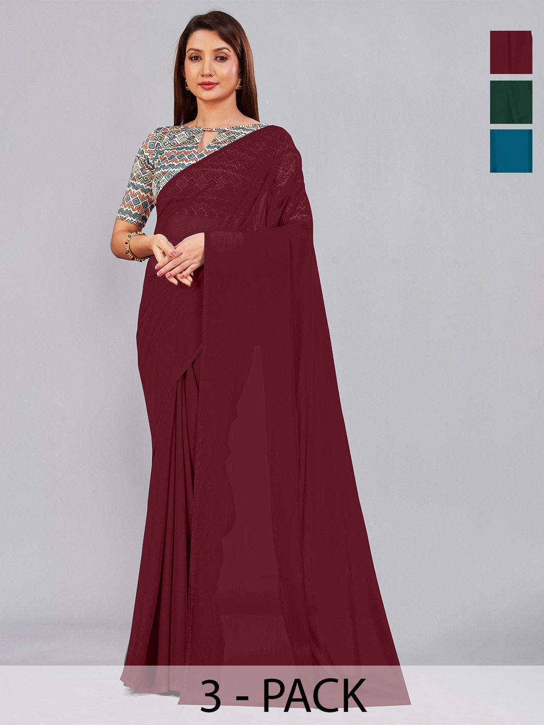 

CastilloFab Selection Of 3 Pure Georgette Saree, Maroon