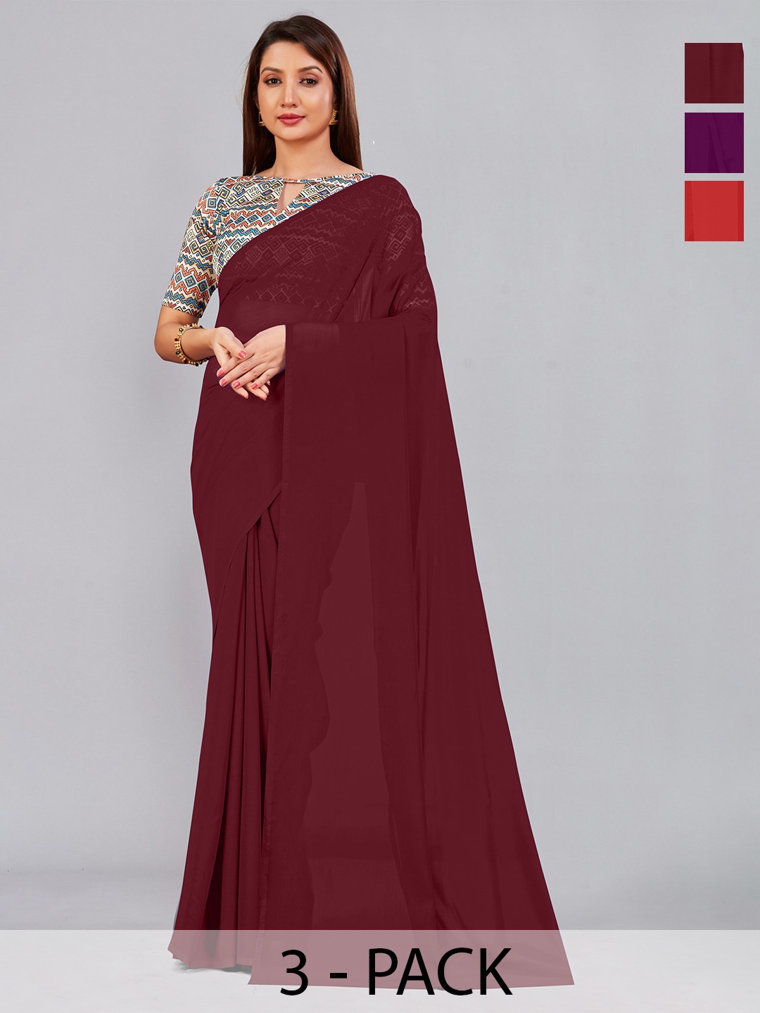 

CastilloFab Selection Of 3 Pure Georgette Saree, Maroon