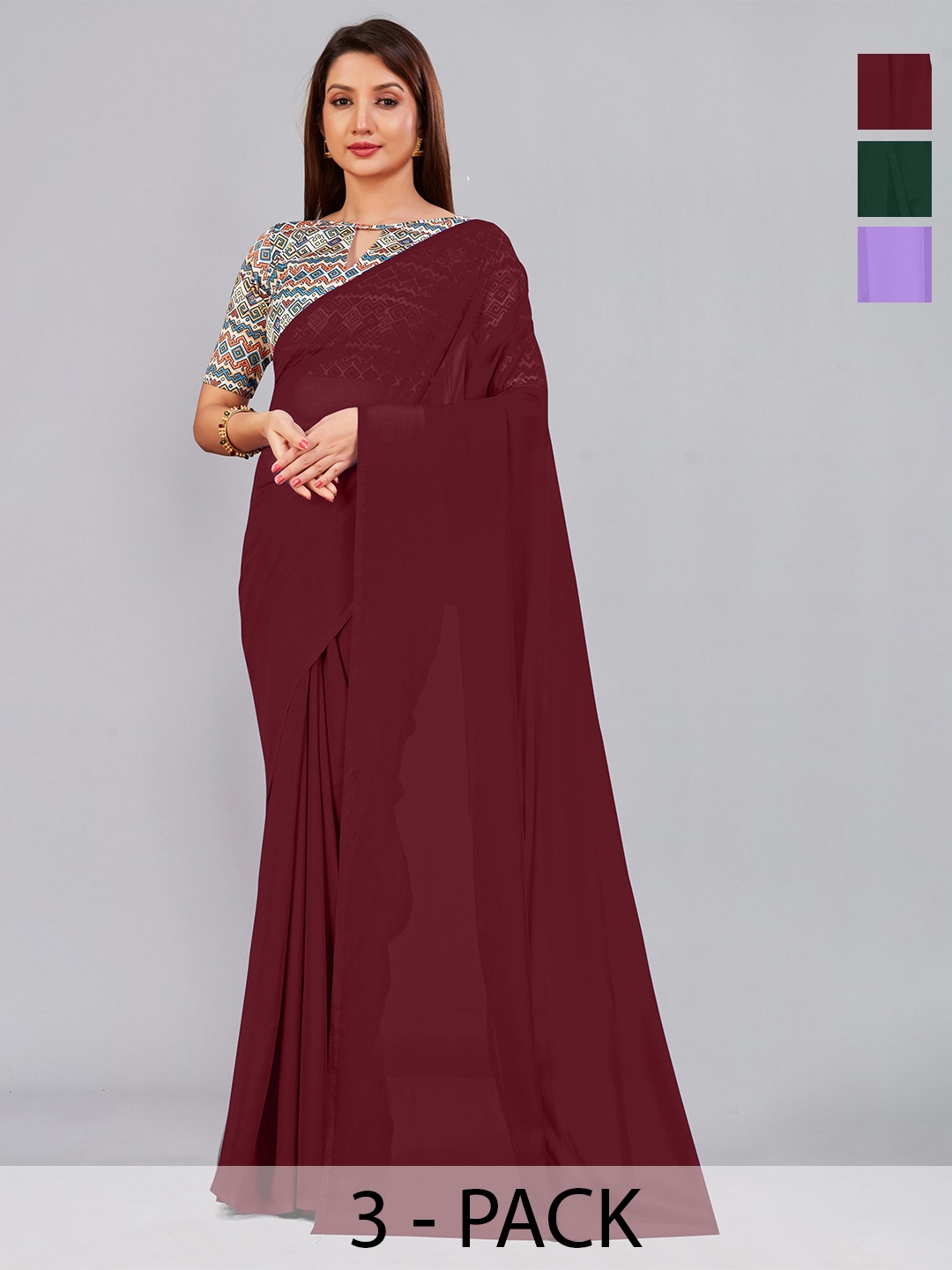 

CastilloFab Selection of 3 Pure Georgette Sarees, Maroon