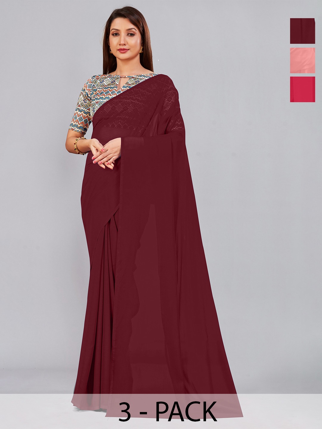 

CastilloFab Selection Of 3 Pure Georgette Sarees, Maroon