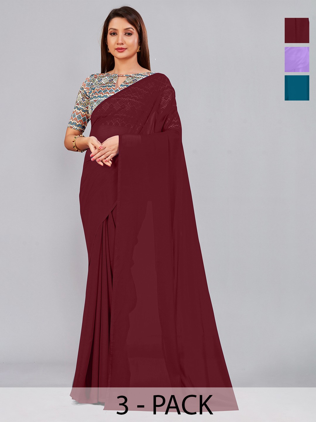 

CastilloFab Selection Of 3 Pure Georgette Sarees, Maroon