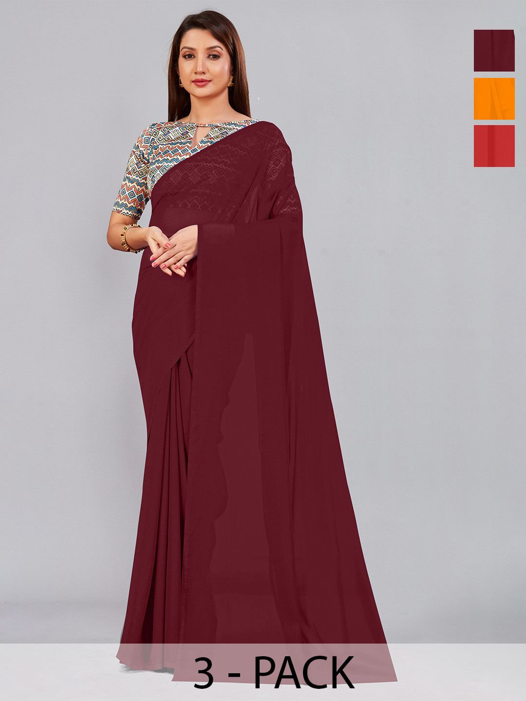 

CastilloFab Selection Of 3 Pure Georgette Saree, Maroon