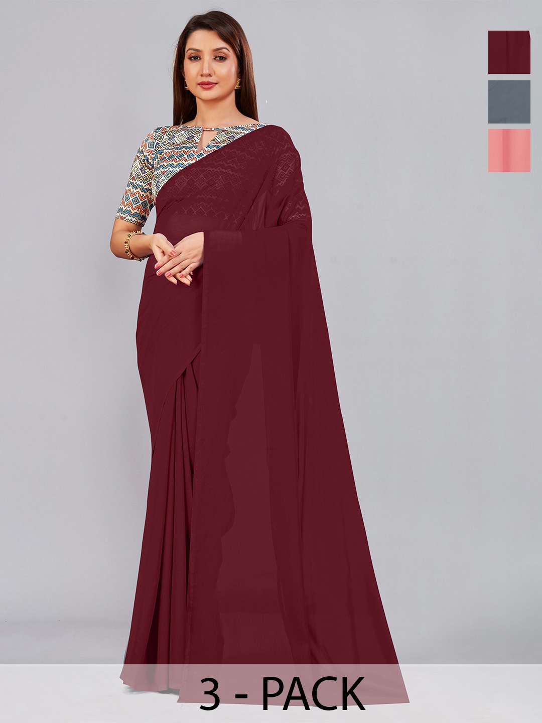 

CastilloFab Selection Of 3 Pure Georgette Saree, Maroon