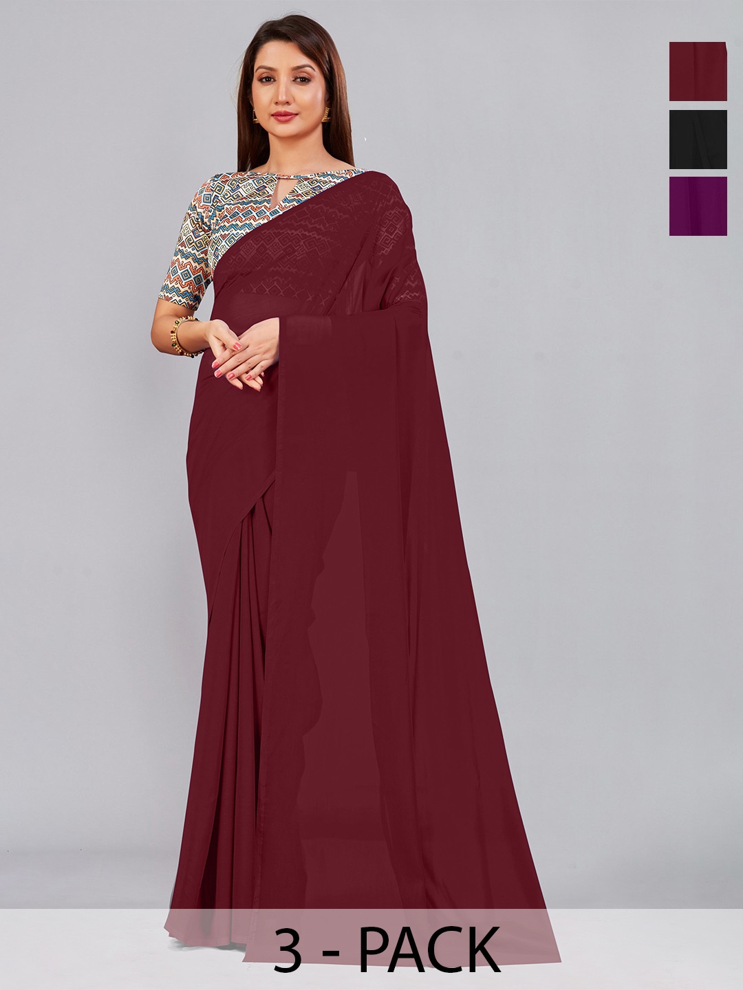 

CastilloFab Selection Of 3 Pure Georgette Saree, Maroon