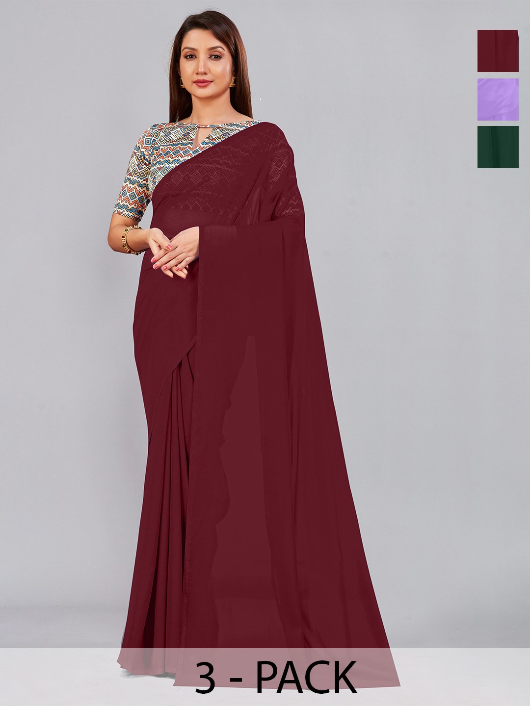

CastilloFab Selection of 3 Pure Georgette Sarees, Maroon