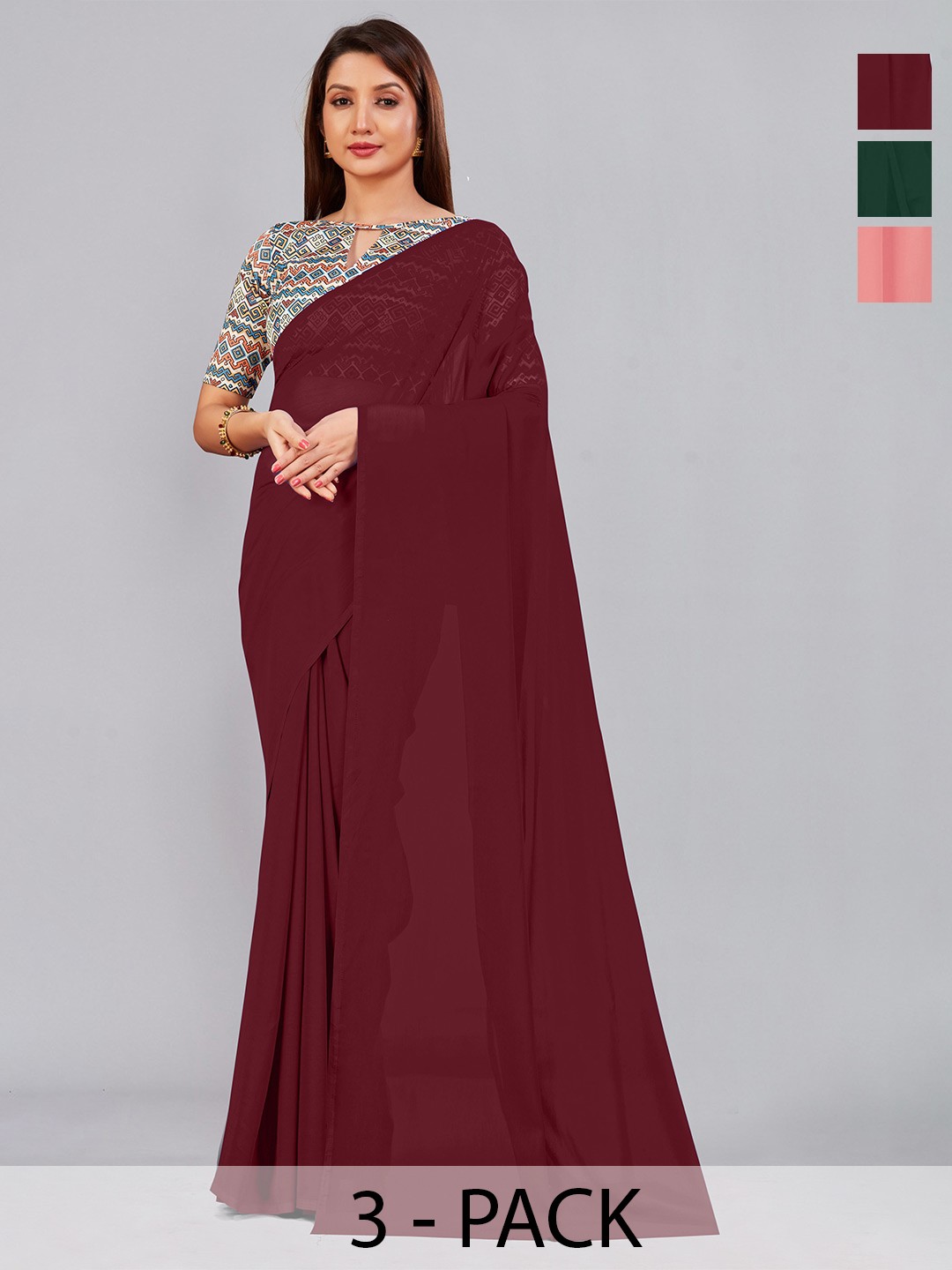 

CastilloFab Selection Of 3 Pure Georgette Saree, Maroon
