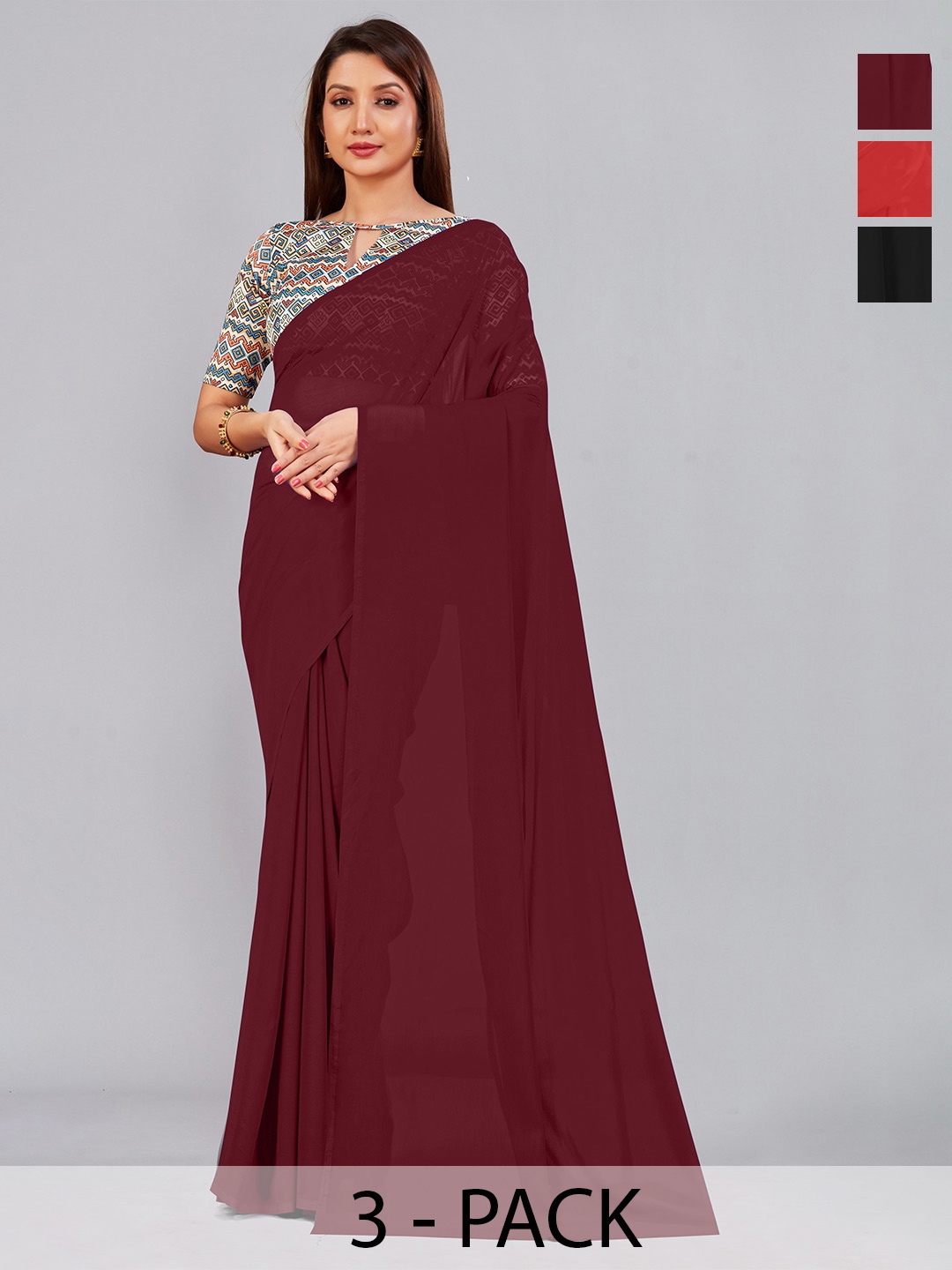 

CastilloFab Selection of 3 Pure Georgette Sarees, Maroon