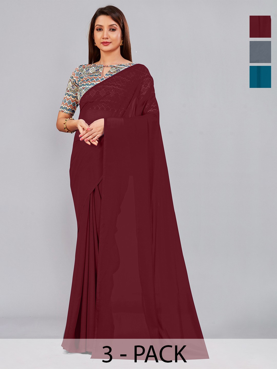 

CastilloFab Selection of 3 Pure Georgette Sarees, Maroon