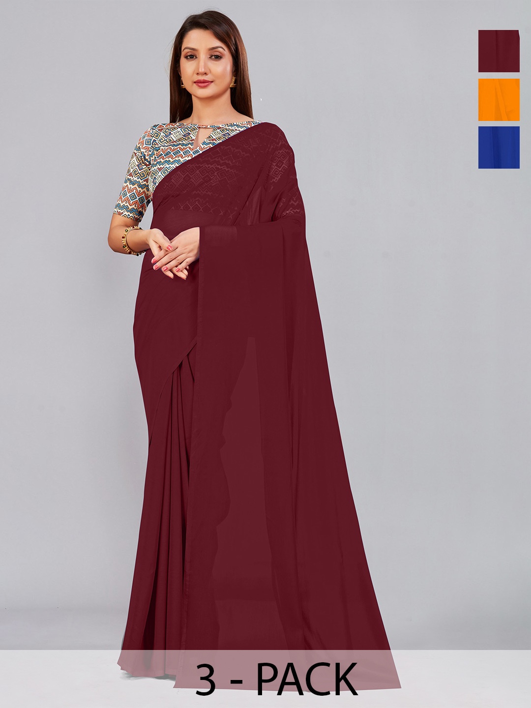 

CastilloFab Selection Of 3 Pure Georgette Saree, Maroon
