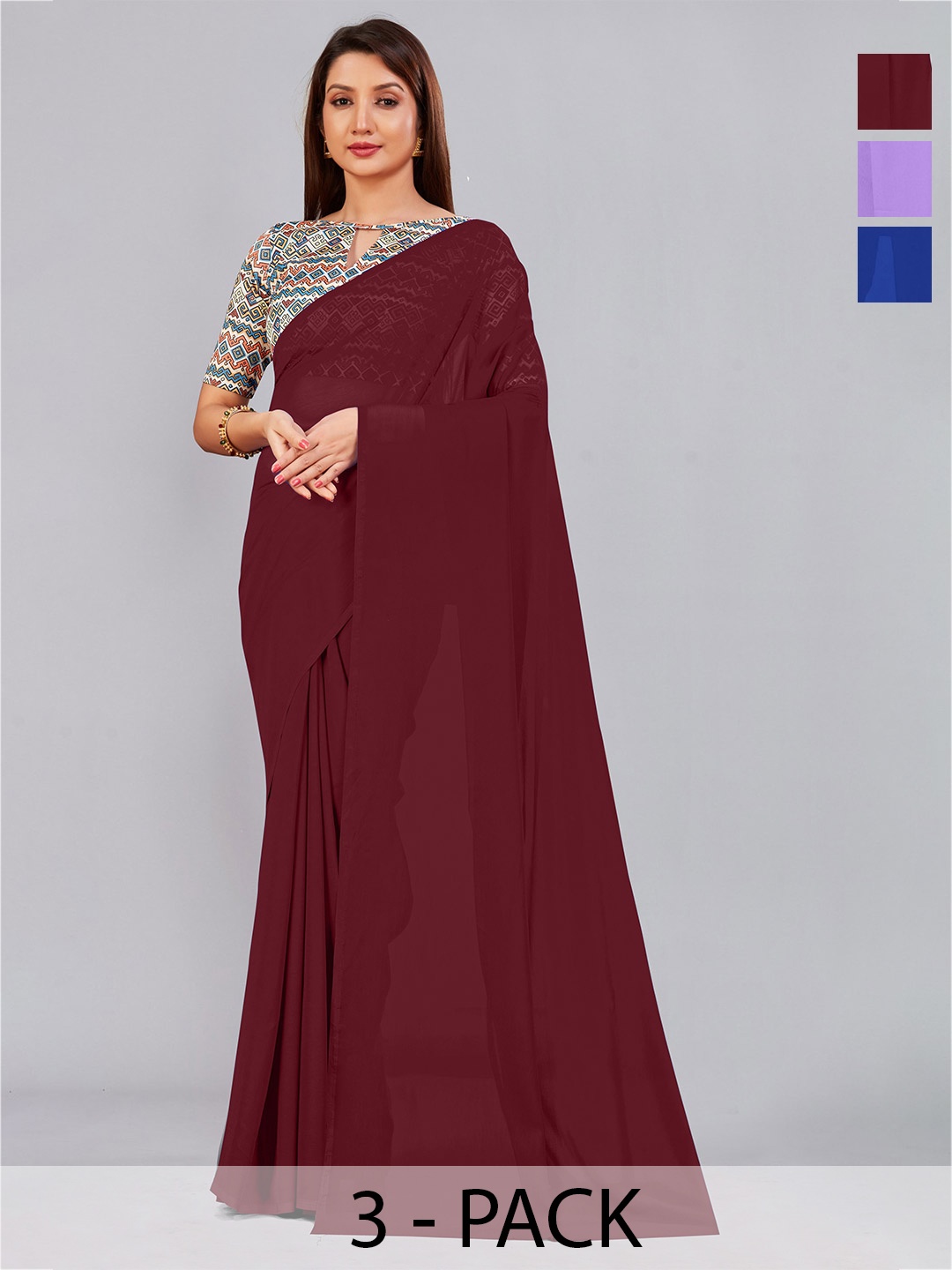 

CastilloFab Selection Of 3 Pure Georgette Sarees, Maroon