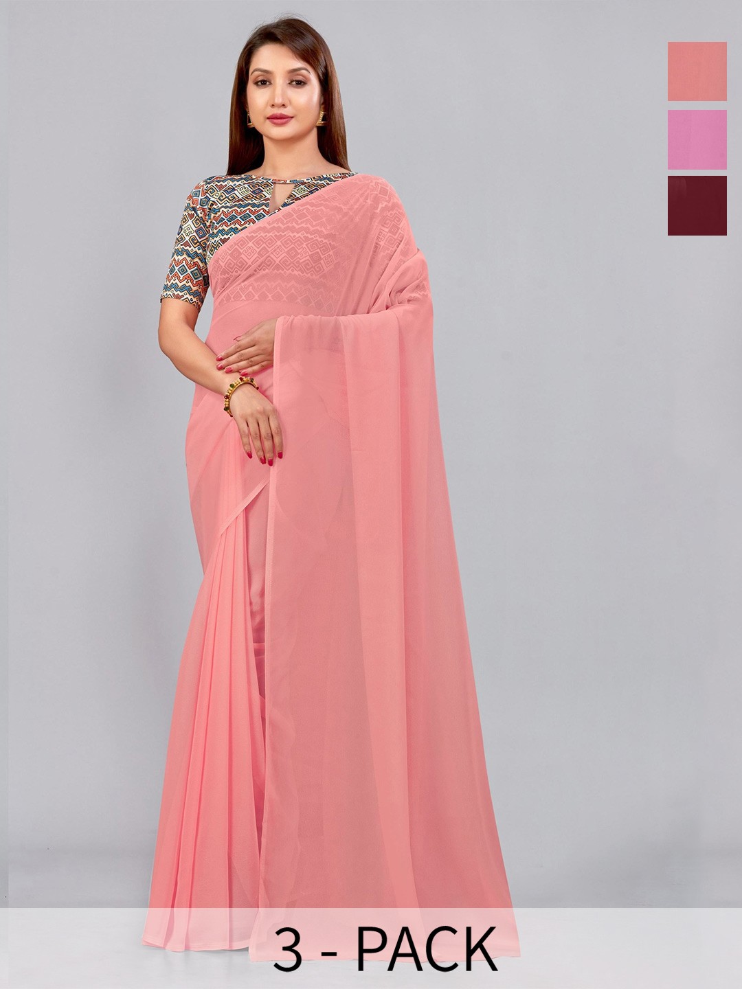 

CastilloFab Selection of 3 Pure Georgette Sarees, Maroon