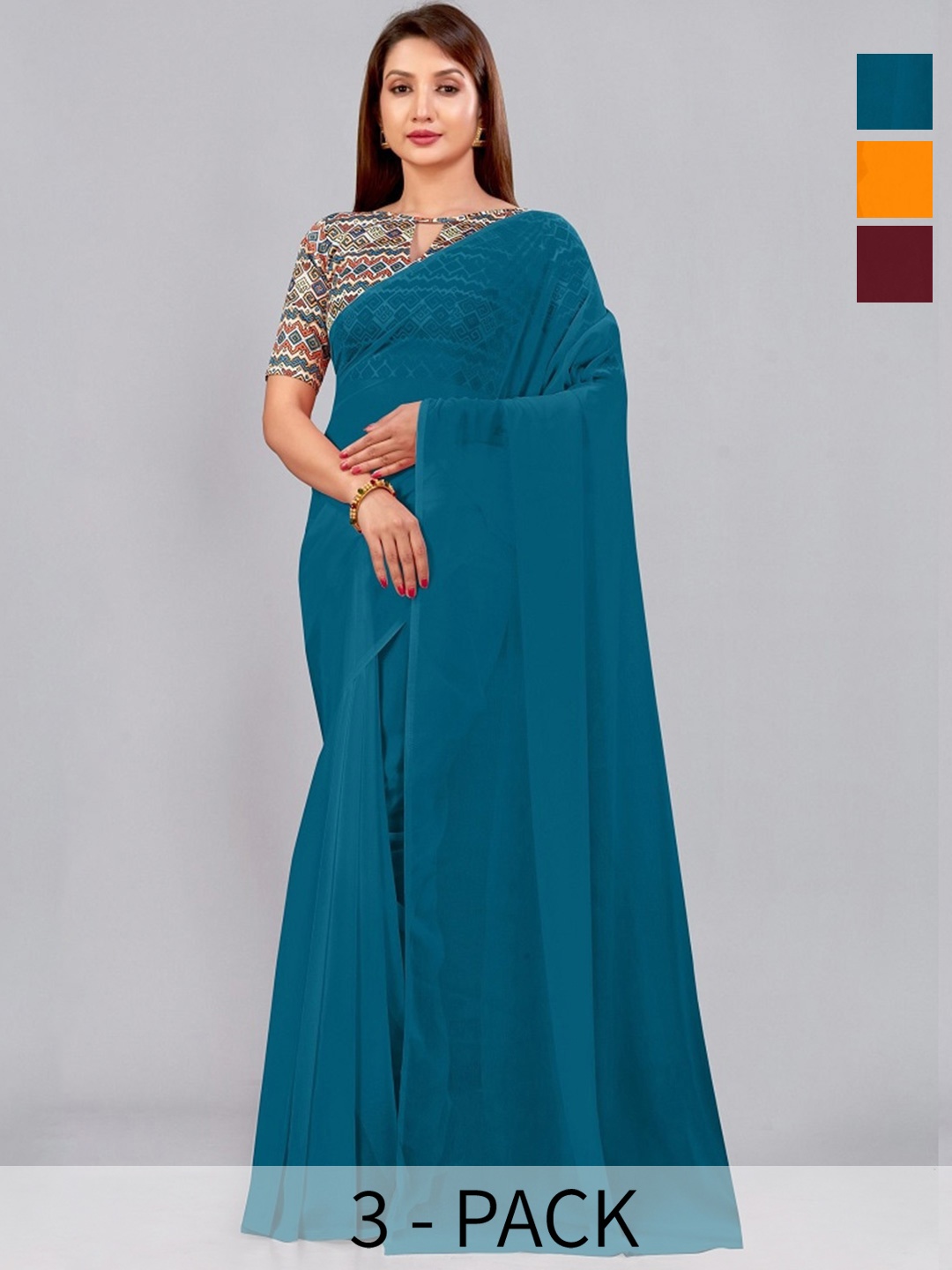 

CastilloFab Selection Of 3 Pure Georgette Saree, Maroon