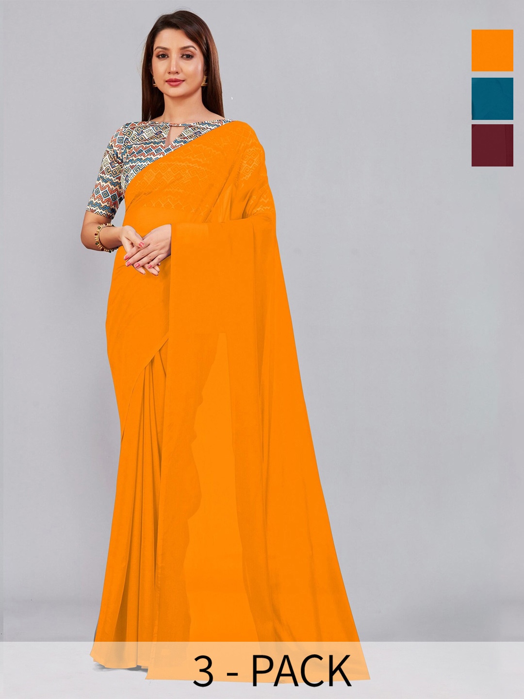 

CastilloFab Selection Of 3 Pure Georgette Saree, Maroon