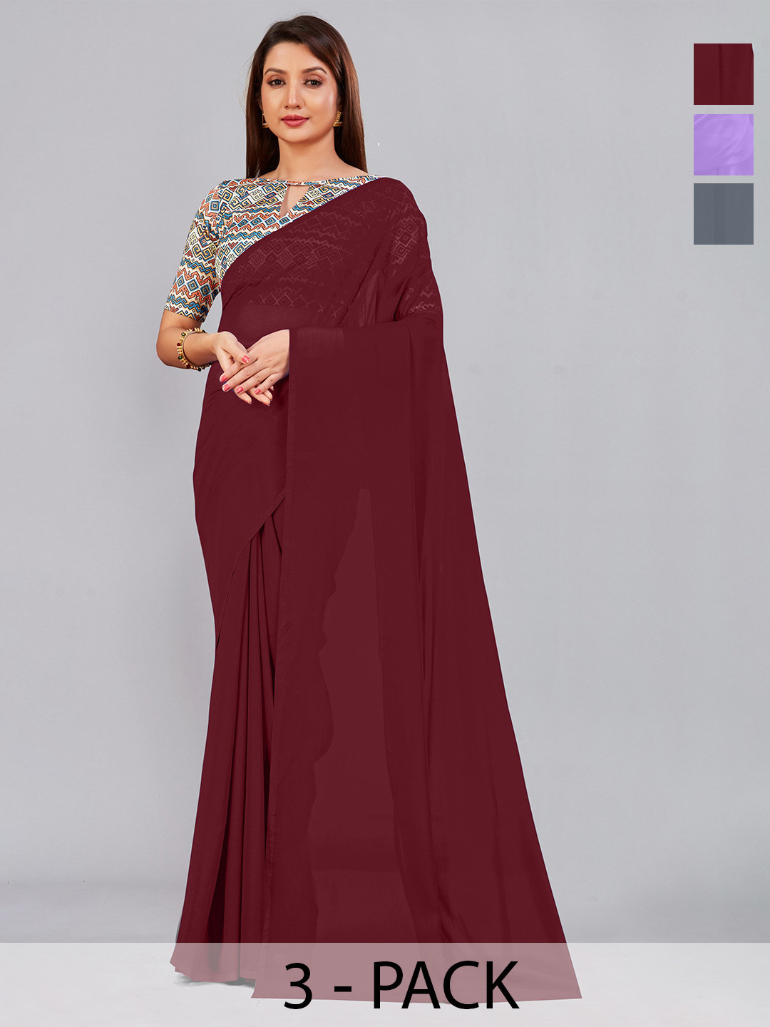 

CastilloFab Selection Of 3 Pure Georgette Saree, Maroon