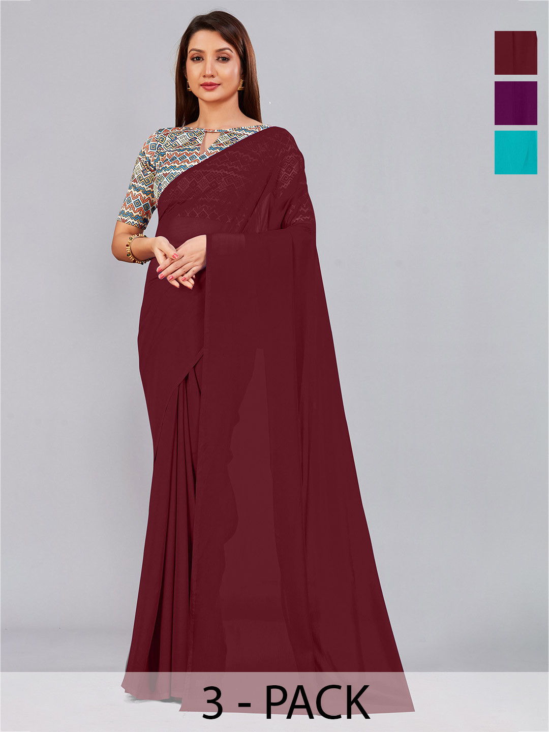 

CastilloFab Selection of 3 Pure Georgette Sarees, Maroon