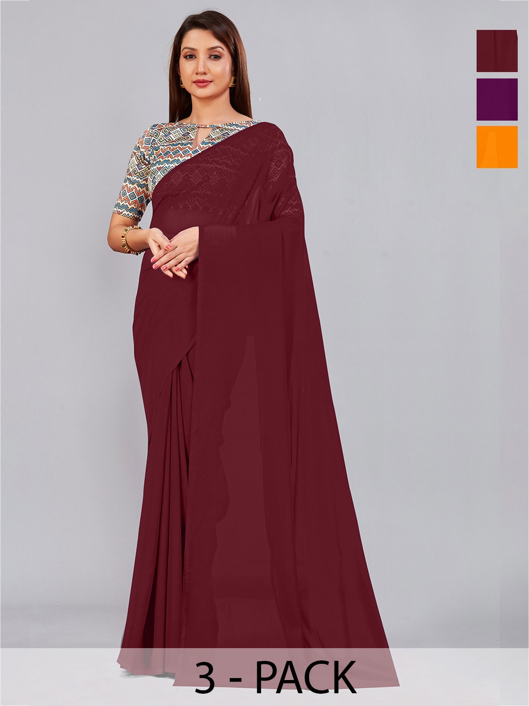 

CastilloFab Selection Of 3 Pure Georgette Sarees, Maroon