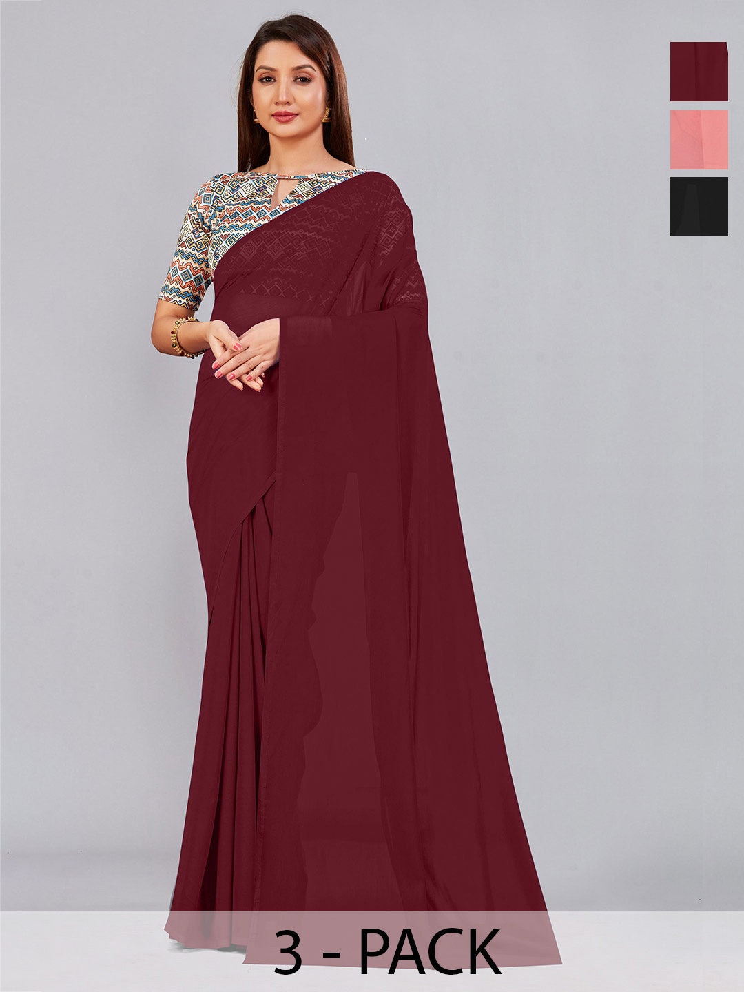 

CastilloFab Selection of 3 Pure Georgette Sarees, Maroon