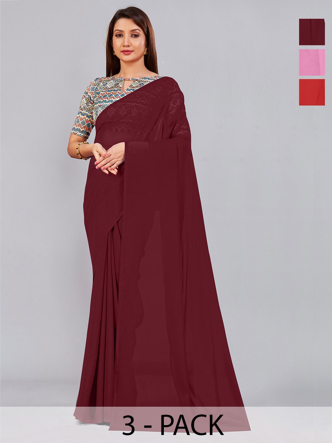 

CastilloFab Selection Of 3 Pure Georgette Saree, Maroon