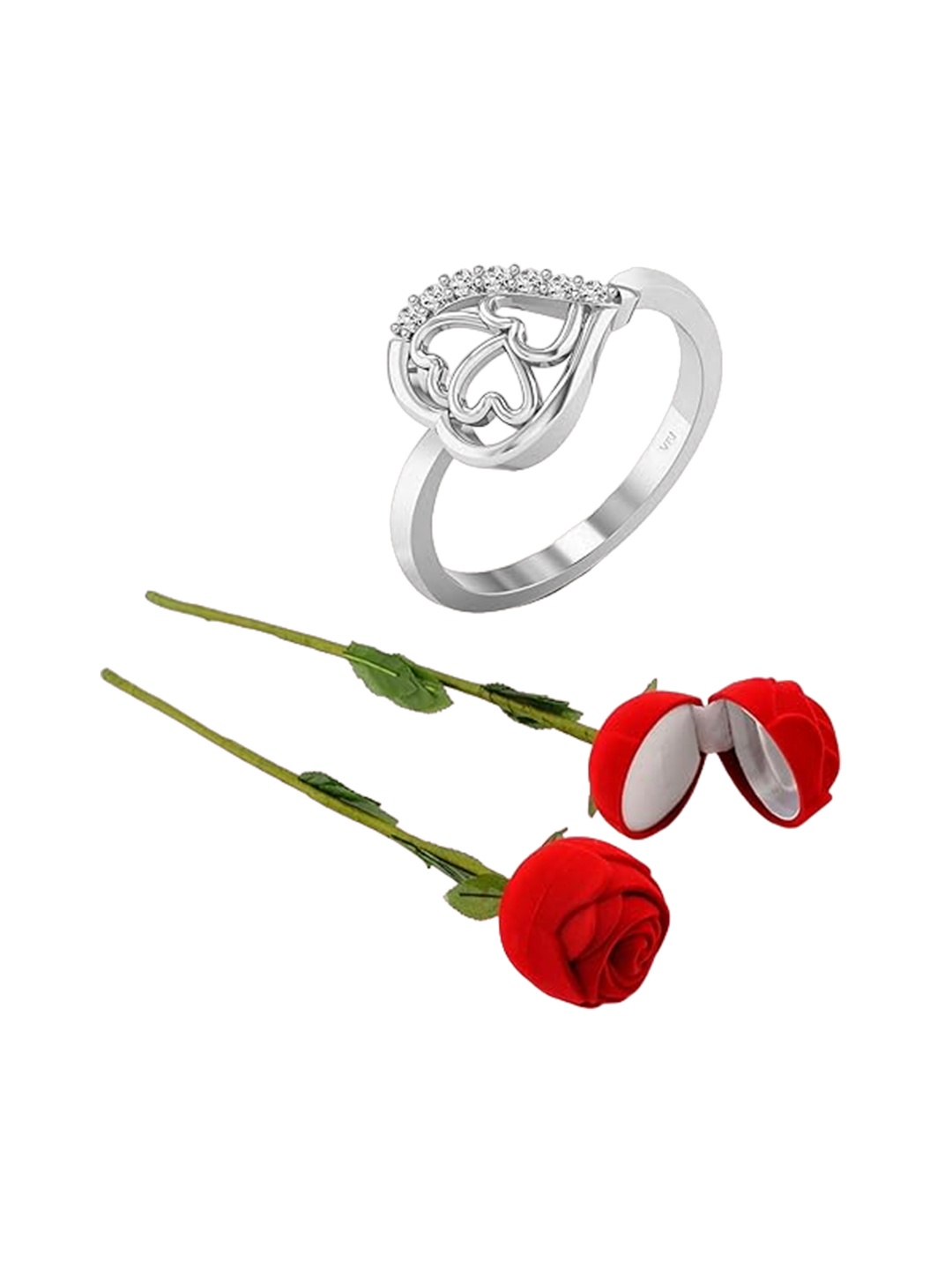 

Vighnaharta Rhodium-Plated Cubic Zirconia Studded Finger Ring With Rose Box, Silver