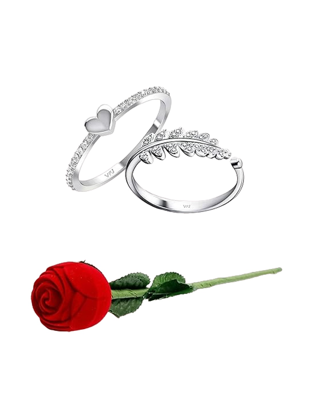 

Vighnaharta Set Of 2 Rhodium-Plated Cubic Zirconia-Studded Finger Rings With Rose Box, Silver