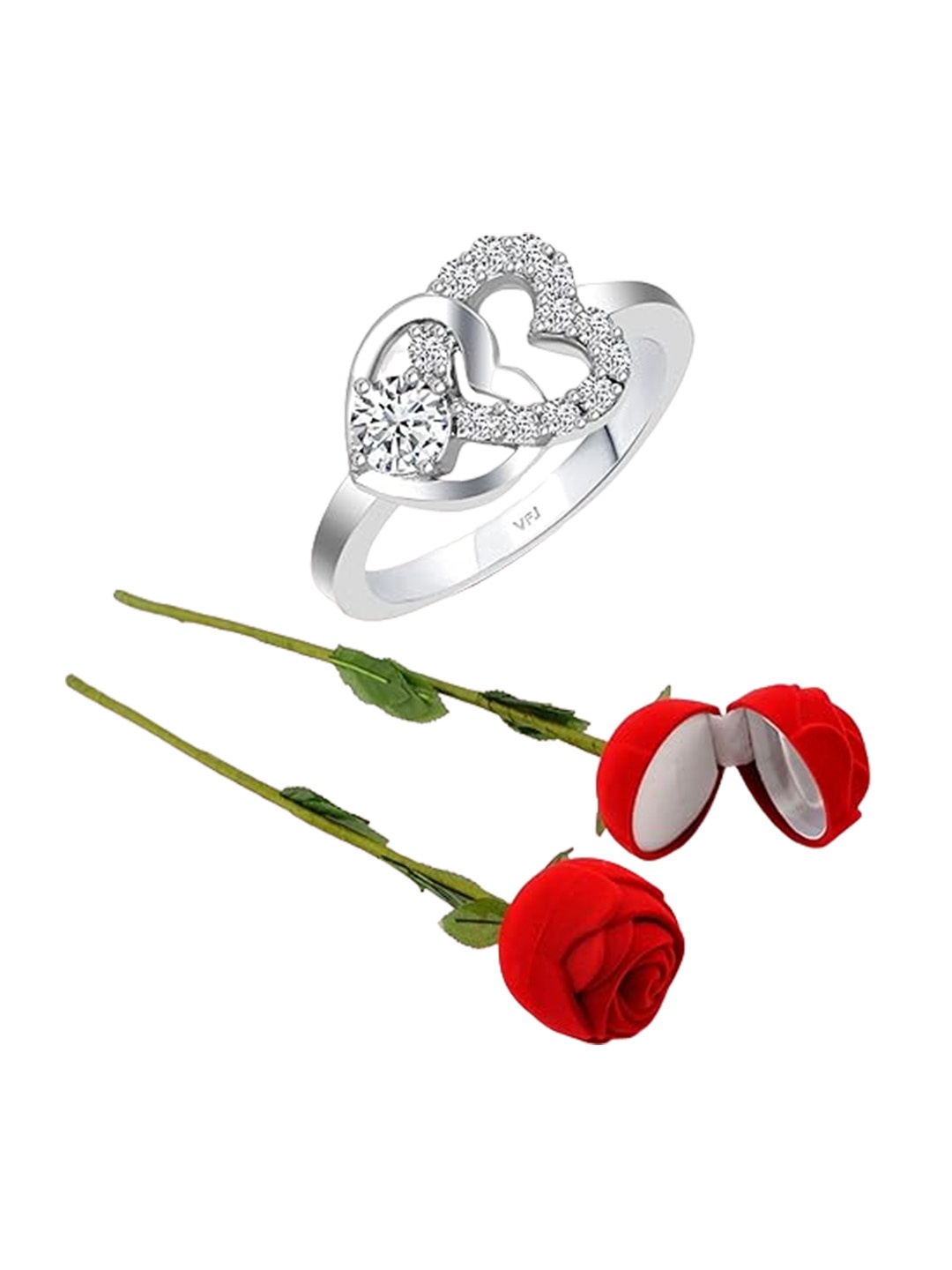 

Vighnaharta Rhodium-Plated CZ-Studded Finger Ring With Rose Box, Silver