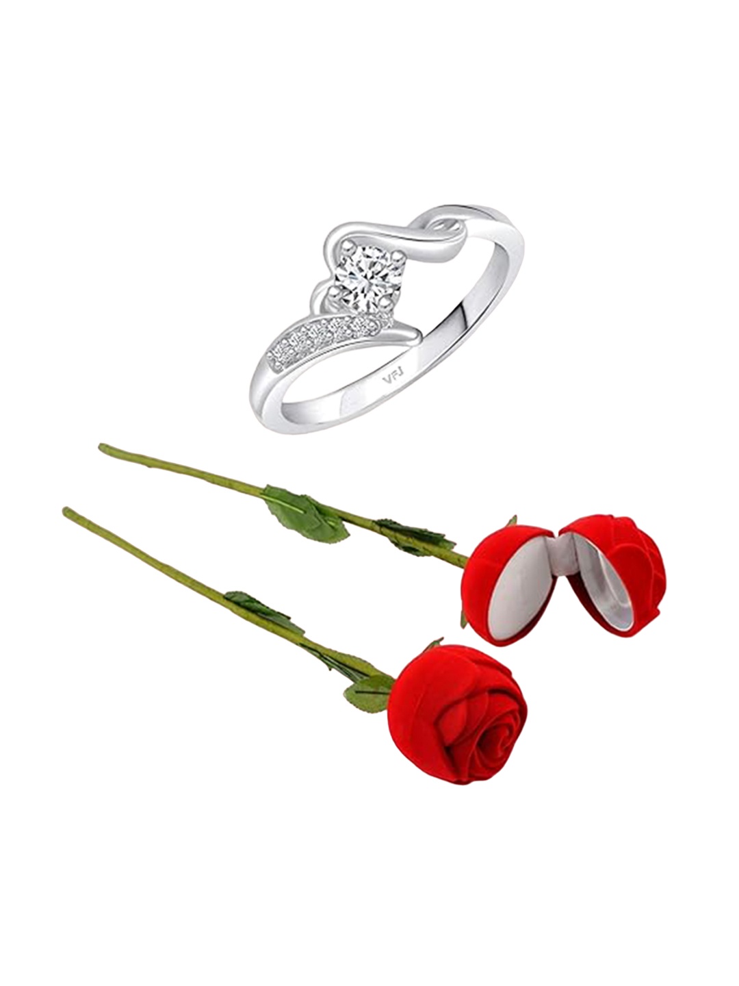 

Vighnaharta Rhodium-Plated CZ-Studded Finger Ring With Rose Box, Silver