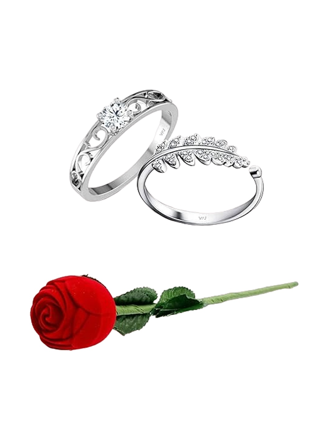 

Vighnaharta Set Of 2 Rhodium-Plated Cubic Zirconia Studded Finger Rings With Rose Box, Silver