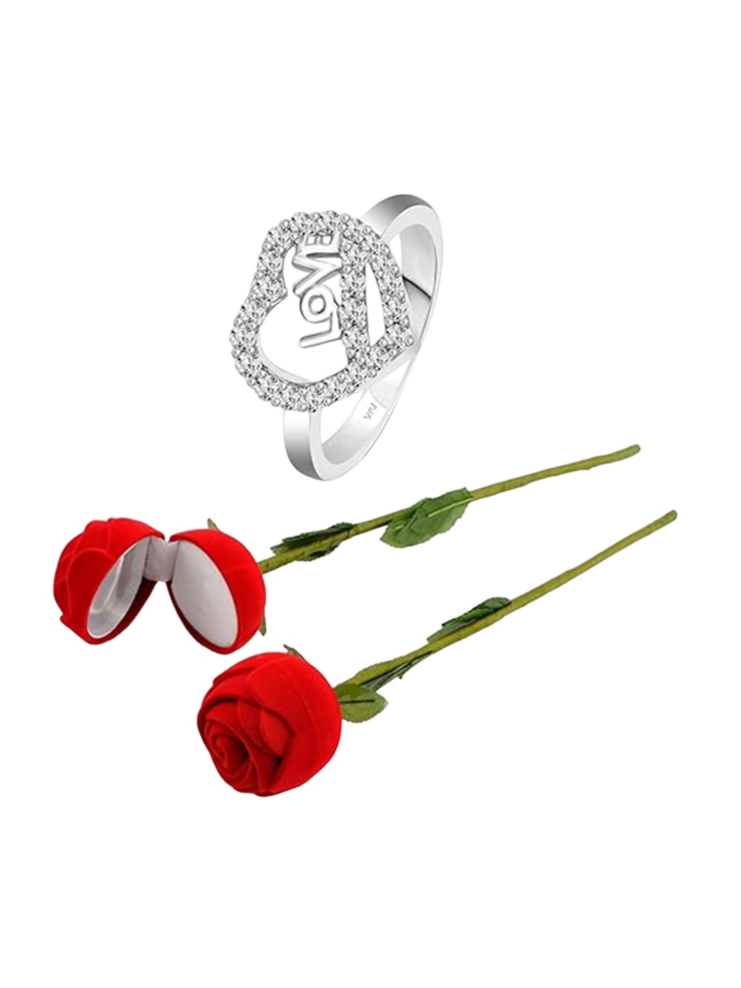 

Vighnaharta Rhodium-Plated CZ-Studded Finger Ring With Rose Box, Silver