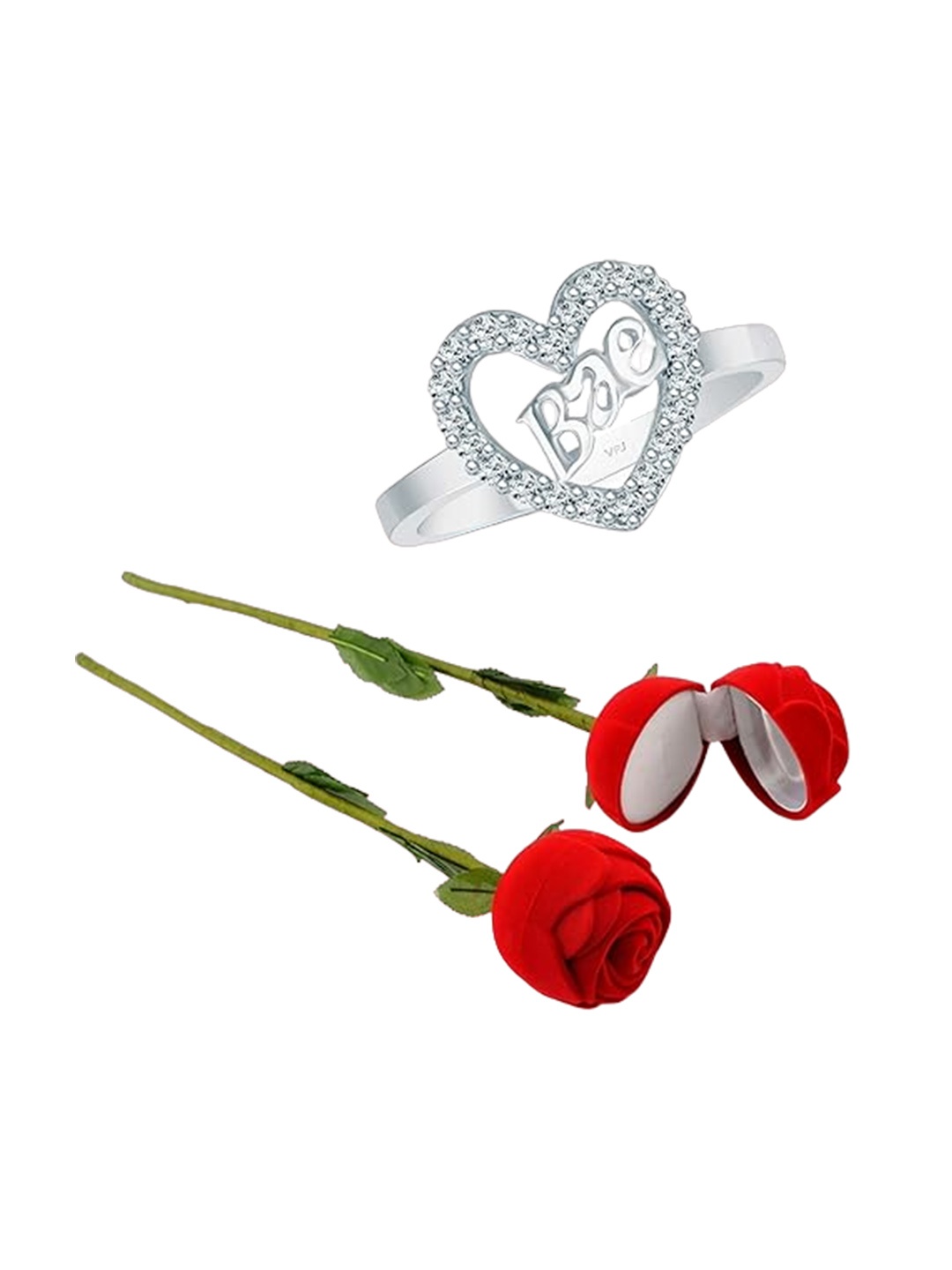 

Vighnaharta Rhodium-Plated Cubic Zirconia-Studded Finger Ring With Rose Box, Silver
