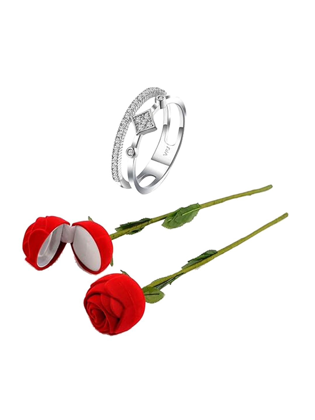 

Vighnaharta Rhodium-Plated Cubic Zirconia Studded Finger Ring With Rose Box, Silver