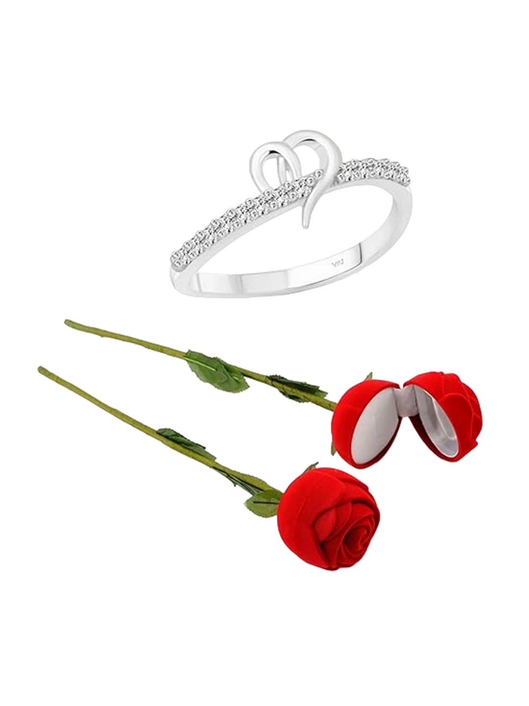

Vighnaharta Rhodium-Plated CZ-Studded Finger Ring With Rose Box, Silver