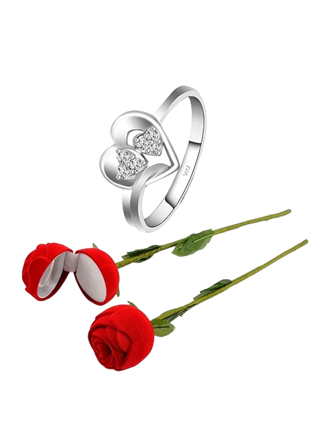 

Vighnaharta Rhodium-Plated Cubic Zirconia-Studded Finger Ring With Rose Box, Silver