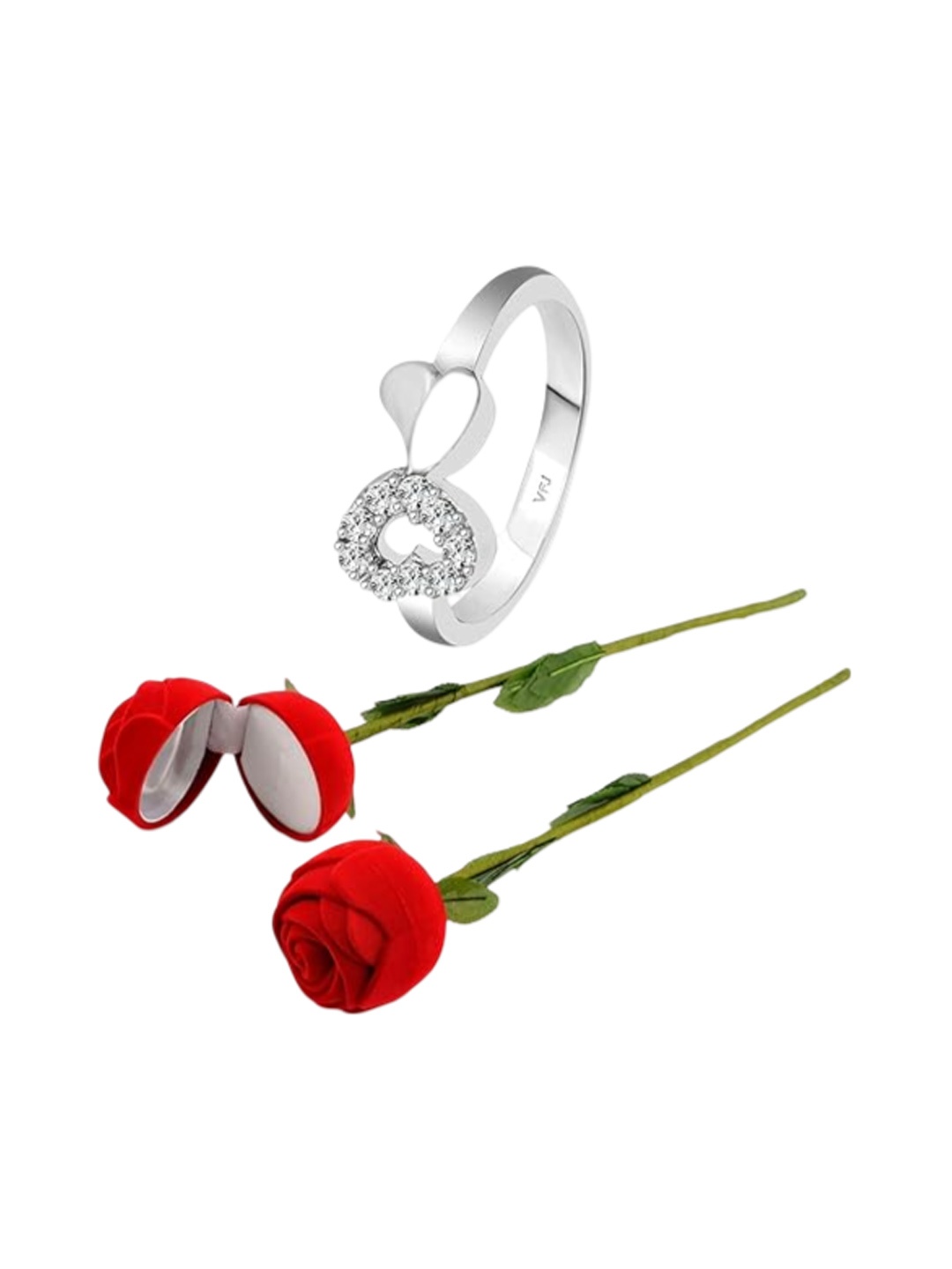 

Vighnaharta Rhodium-Plated CZ-Studded Finger Ring With Rose Box, Silver