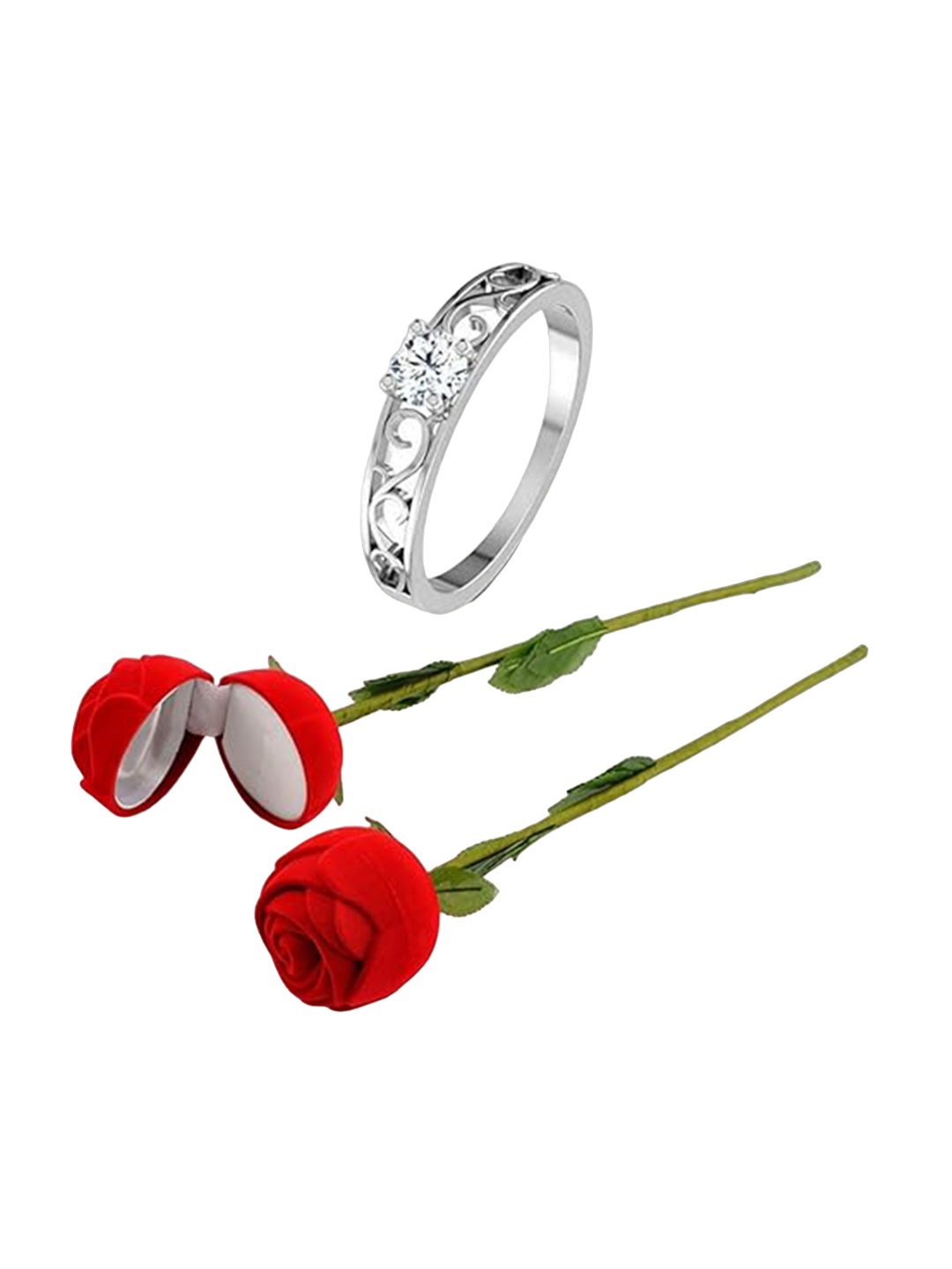 

Vighnaharta Rhodium-Plated CZ-Studded Finger Ring With Rose Box, Silver