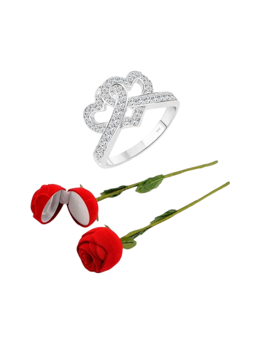 

Vighnaharta Set Of 2 Rhodium-Plated CZ-Studded Finger Ring With Rose Box, Silver