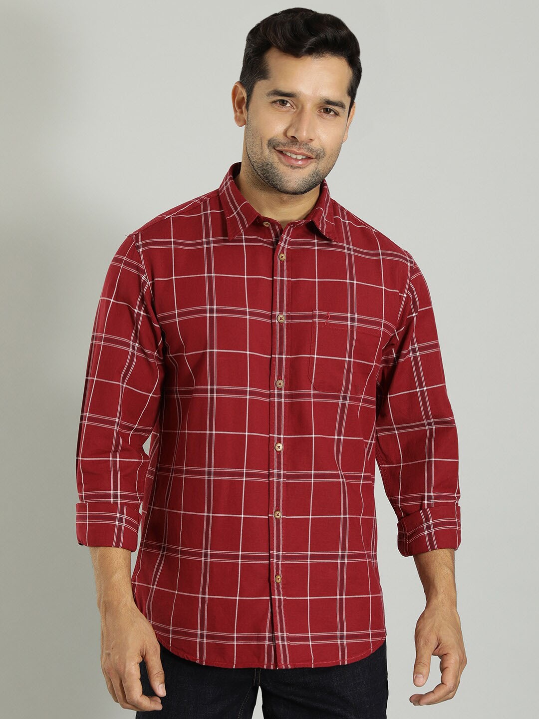 

Indian Terrain Windowpane Checks Cotton Casual Shirt, Red
