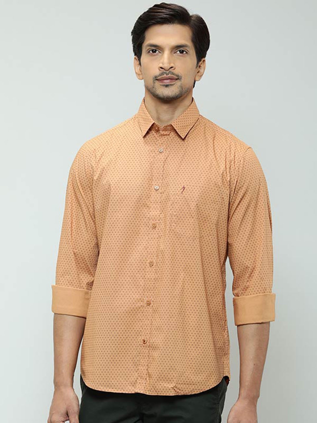 

Indian Terrain Geometric Printed Spread Collar Opaque Cotton Casual Shirt, Khaki