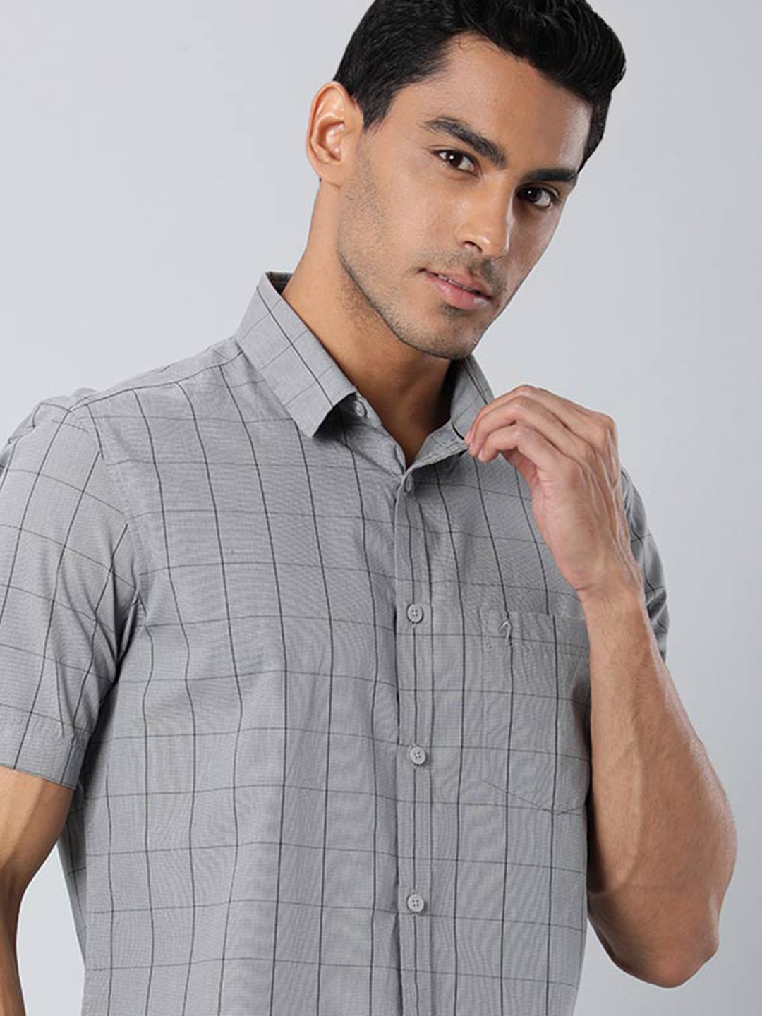 

Indian Terrain Windowpane Checked Spread Collar Casual Shirt, Grey