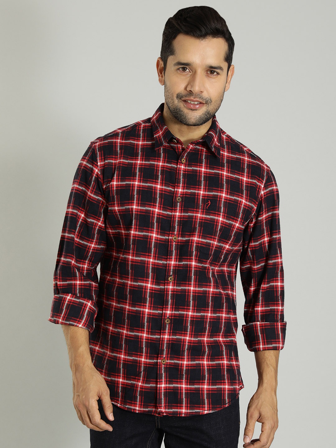 

Indian Terrain Tartan Checked Pure Coton Casual Shirt, Navy blue