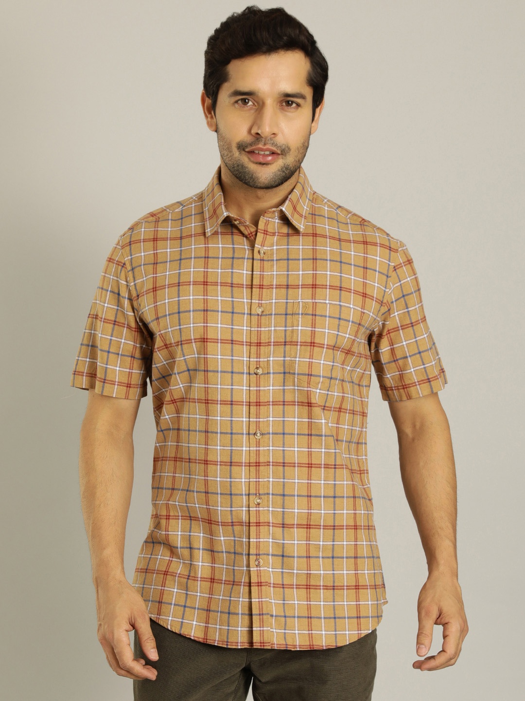

Indian Terrain Tartan Checks Pure Cotton Casual Shirt, Khaki