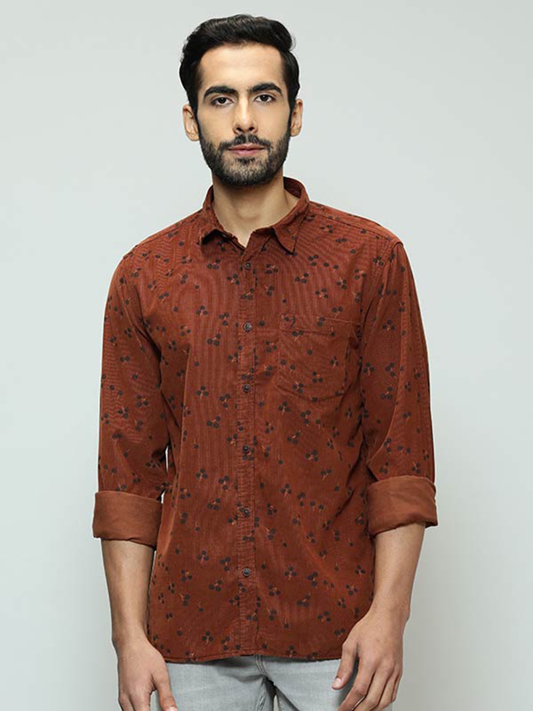 

Indian Terrain Floral Printed Spread Collar Casual Shirt, Brown