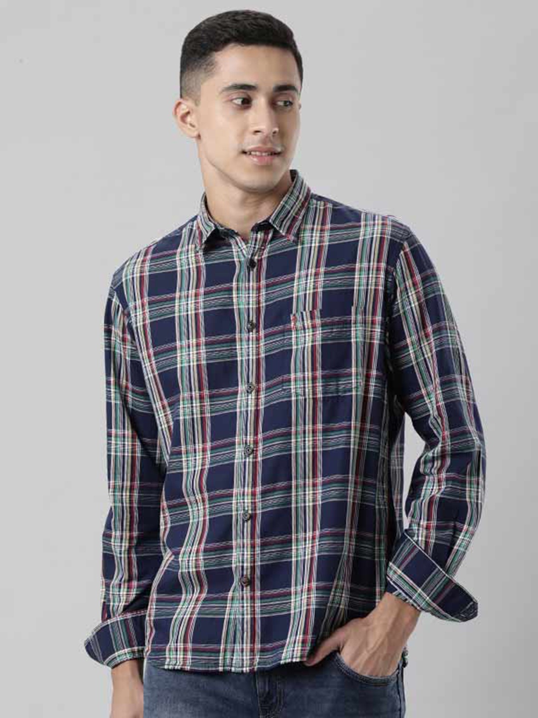 

Indian Terrain Tartan Checked Pure Cotton Casual Shirt, Navy blue