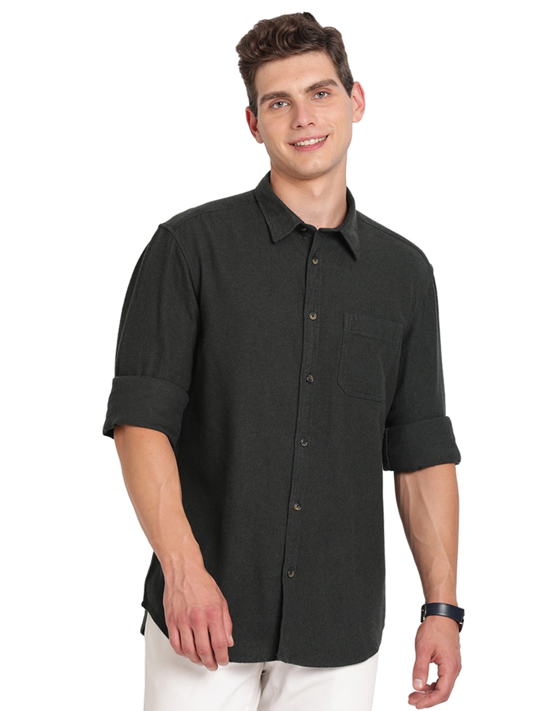 

Indian Terrain Spread Collar Pure Cotton Casual Shirt, Olive