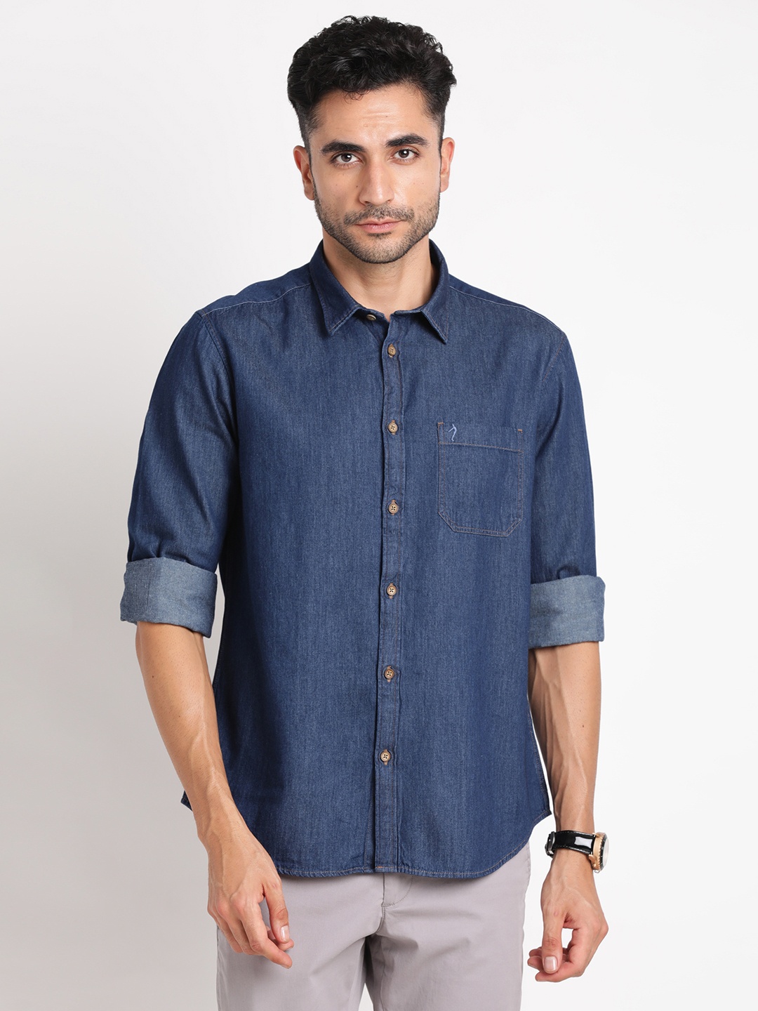 

Indian Terrain Spread Collar Pure Cotton Casual Shirt, Navy blue