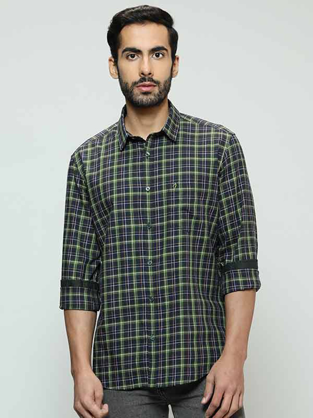 

Indian Terrain Tartan Checked Spread Collar Long Sleeves Pocket Cotton Casual Shirt, Green