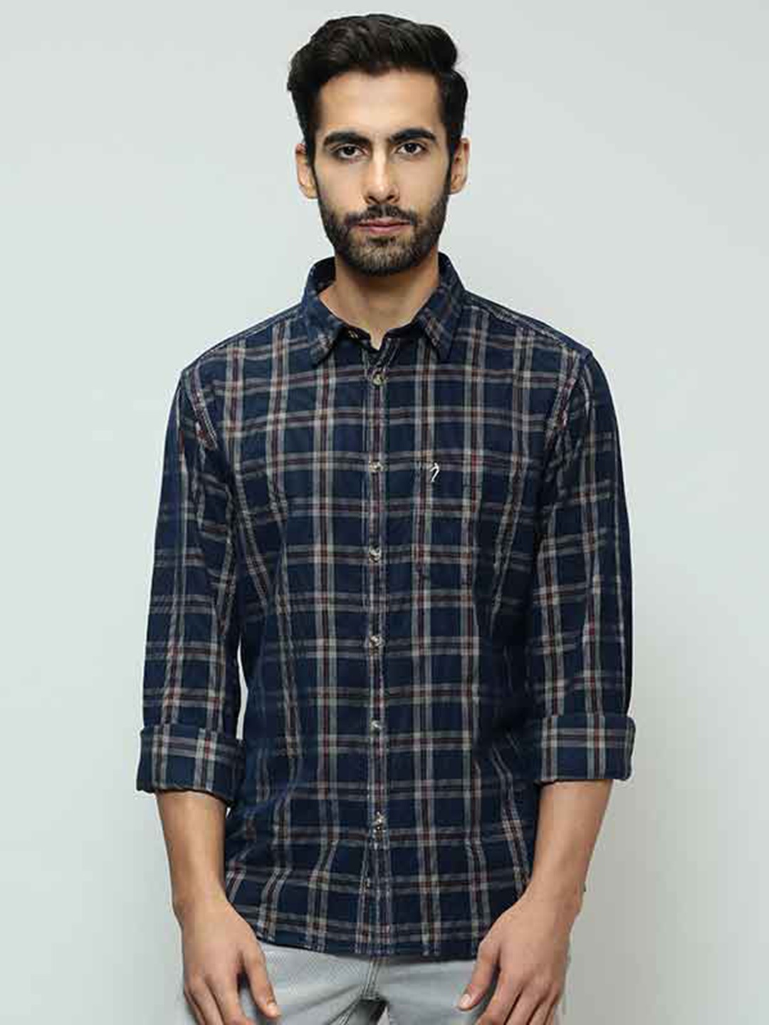

Indian Terrain Tartan Checked Spread Collar Pocket Cotton Casual Shirt, Navy blue