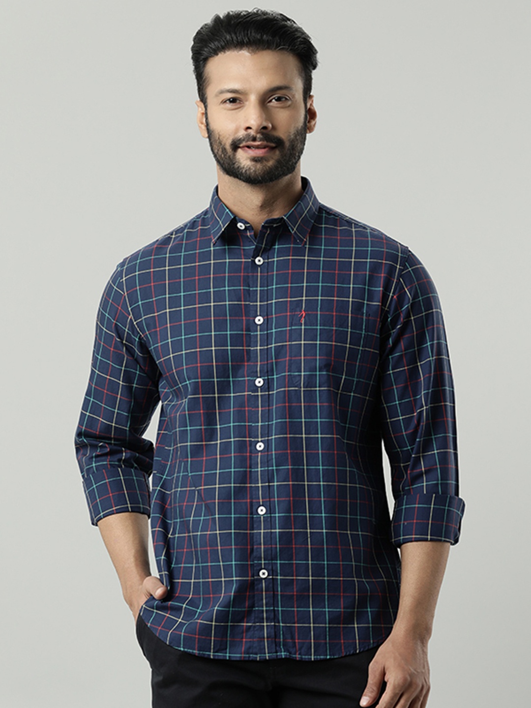 

Indian Terrain Tartan Checked Spread Collar Pocket Casual Shirt, Navy blue