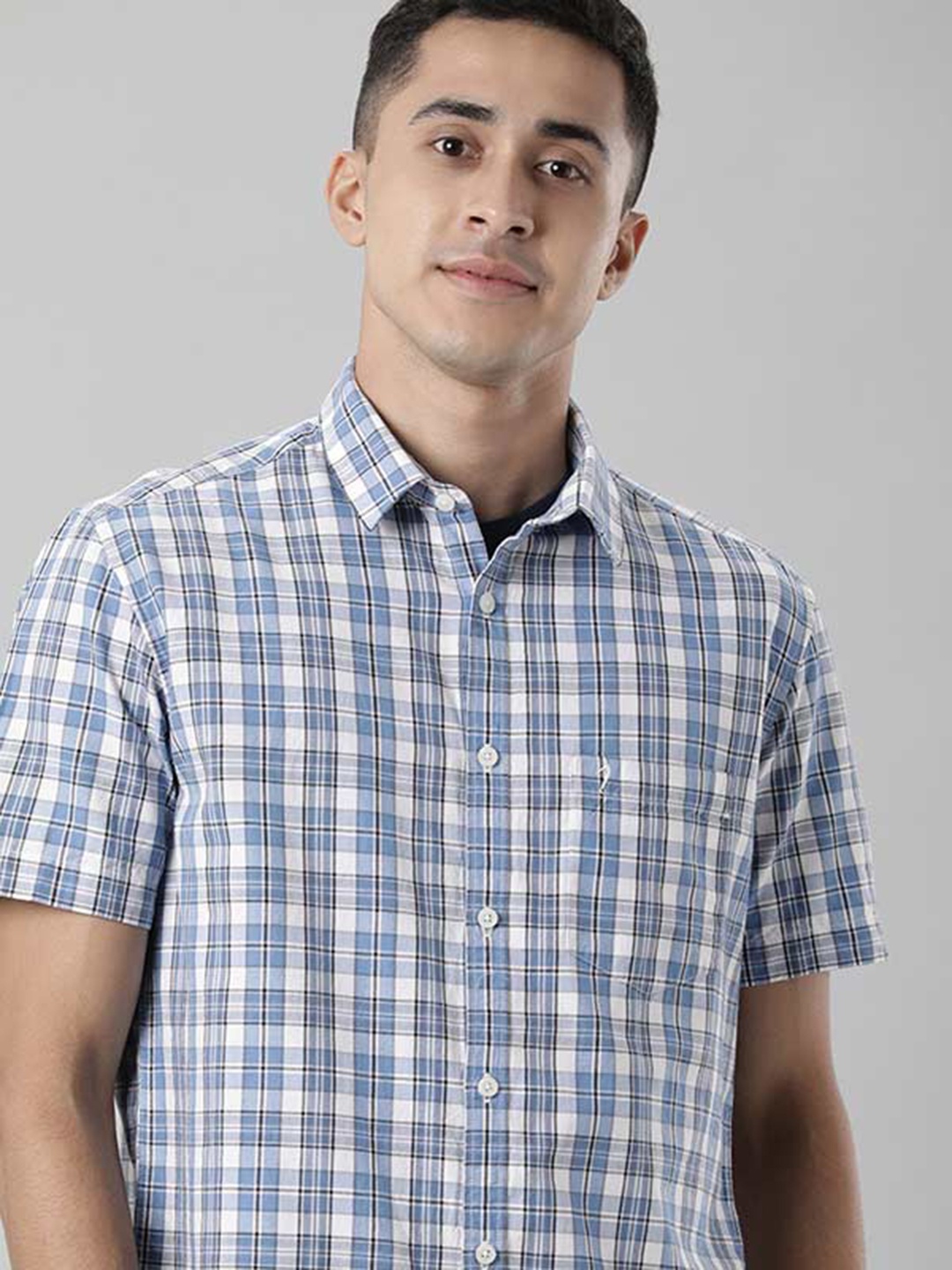 

Indian Terrain Tartan Checked Spread Collar Pocket Casual Shirt, Grey