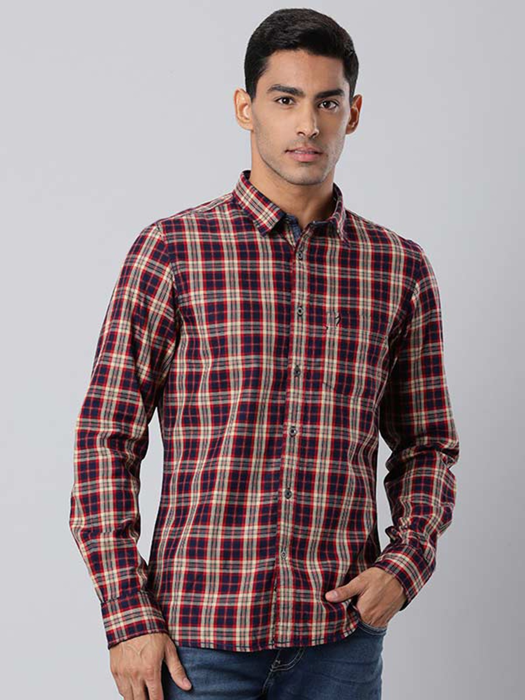 

Indian Terrain Slim Fit Tartan Checked Spread Collar Pocket Cotton Casual Shirt, Red