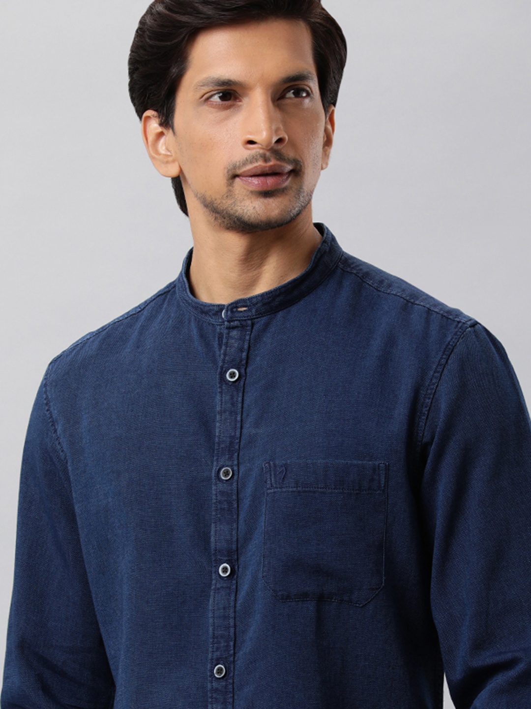 

Indian Terrain Mandarin Collar Chest Pocket Full Sleeves Cotton Slim Fit Casual Shirt, Blue